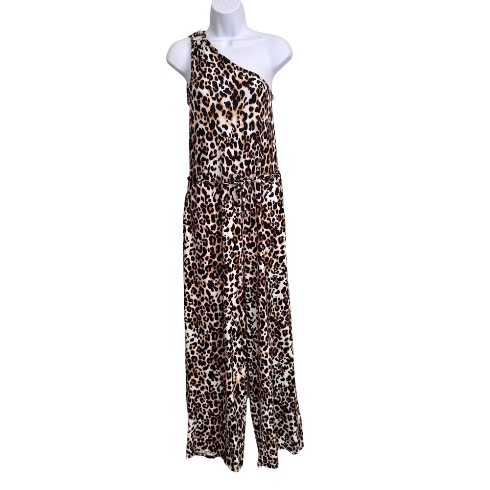 Eye Candy Leopard Print‎ One Shoulder O-Ring Jumpsuit Wide Leg Belted Large
